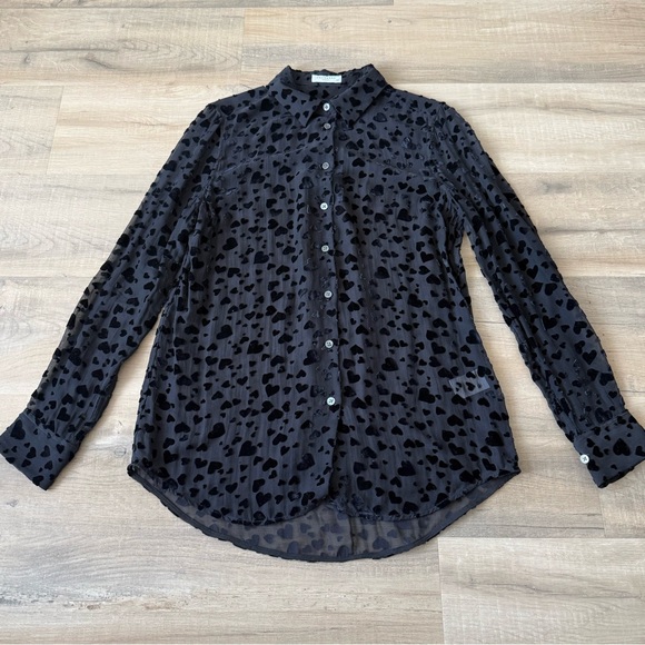 Equipment Femme Black Silk Blend Velvet Heart Sheer Button Up Shirt - Small - Picture 6 of 8